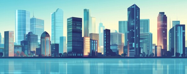 Fototapeta premium A vibrant city skyline reflected in water showcasing modern architecture and stunning glass buildings at sunrise.