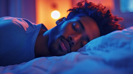 Black man sleeping cozily on a comfortable bed in his bedroom at night light shining