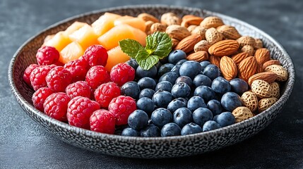 A black plate with a variety of fruits and nuts, full of blueberries, raspberries, almonds, and mango. Mixed fruits and nuts, brain-stimulating snack, healthy, natural energy boost, solid background.