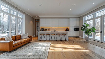 A modern kitchen with white cabinets, a large island, and a leather sofa in the living room, with large windows overlooking a snowy landscape.