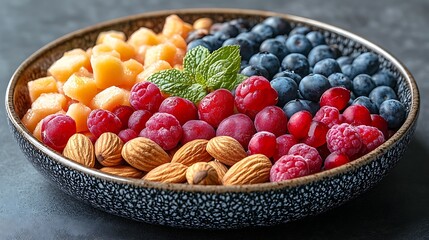 A black plate with a variety of fruits and nuts, full of blueberries, raspberries, almonds, and mango. Mixed fruits and nuts, brain-stimulating snack, healthy, natural energy boost, solid background.