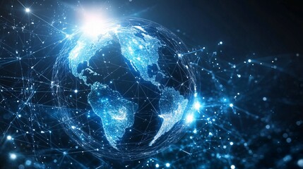 Obraz premium A glowing blue globe enveloped in a network of interconnected lines and dots, representing global connectivity.