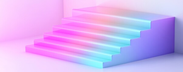 Obraz premium A vibrant gradient staircase with pink and blue hues, creating a modern and futuristic look against a minimalistic background.