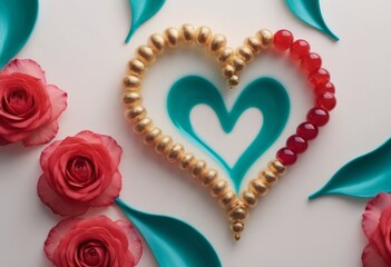 Heart shaped beads and roses on a white background. Valentine's Day. AI generated 