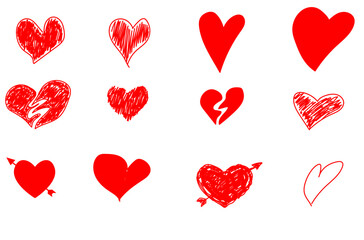 Sample of heart icons. Set of red hearts in different poses. Collection of heart illustrations in a different style. Hand drawn by a child