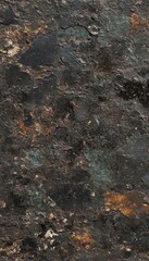 Close-up of a weathered surface with a mix of black, brown, and green hues.