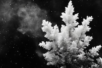 A close-up of a white, delicate tree with a hazy background. The tree is outlined against the black background, creating a stark contrast.