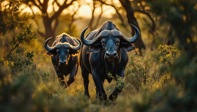 Un buffle solitaire traverse la savane, son regard per&ccedil;ant fix&eacute; sur l'horizon, comme si rien ne pouvait interrompre son voyage.