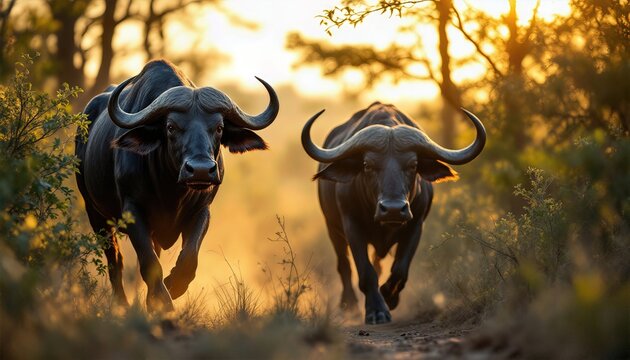 Sillonnant le sentier sinueux de la brousse africaine, le buffle avance d'un pas s&ucirc;r, indiff&eacute;rent aux cris lointains des animaux.