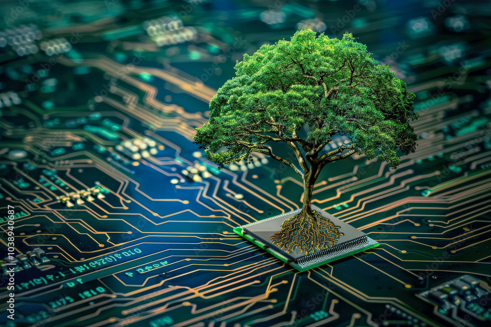Poster tree is growing on top of a computer chip. concept of innovation and the potential for technology to