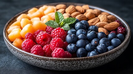 A black plate with a variety of fruits and nuts, full of blueberries, raspberries, almonds, and mango. Mixed fruits and nuts, brain-stimulating snack, healthy, natural energy boost, solid background.