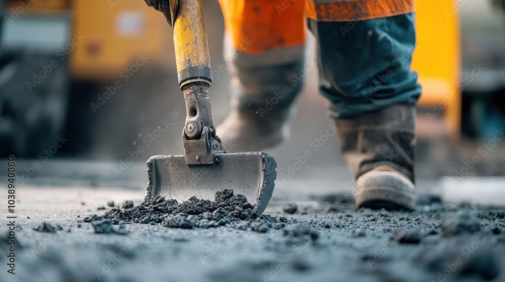 Poster a close-up of a construction worker using a jackhammer to break apart concrete pavement for road rep