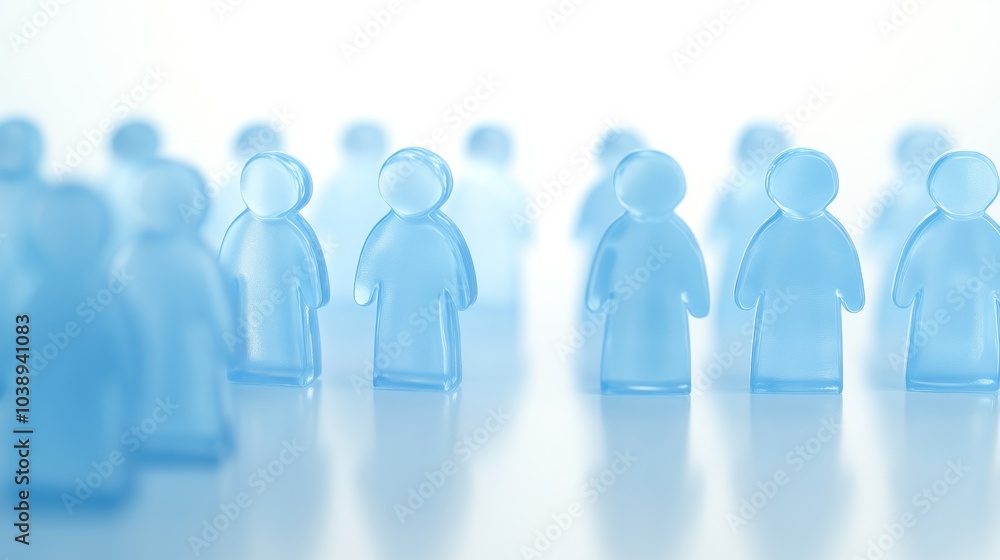Poster abstract image of translucent blue figures representing community, unity, and connection in a minima
