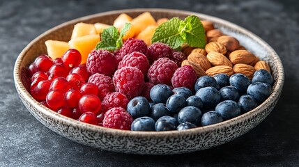 A black plate with a variety of fruits and nuts, full of blueberries, raspberries, almonds, and mango. Mixed fruits and nuts, brain-stimulating snack, healthy, natural energy boost, solid background.