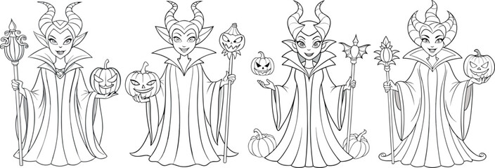 Halloween witch character set. Four detailed illustrations of witches with pumpkins, staffs, and capes in a black-and-white. For party invitations, social media graphics, merchandise.