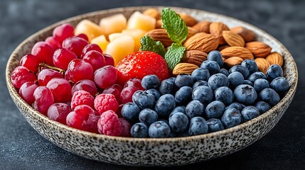 A black plate with a variety of fruits and nuts, full of blueberries, raspberries, almonds, and mango. Mixed fruits and nuts, brain-stimulating snack, healthy, natural energy boost, solid background.