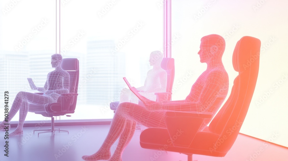 Poster abstract representation of individuals working in a modern office environment, emphasizing technolog