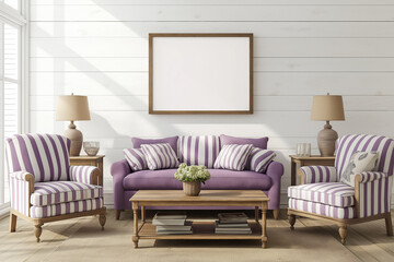 A white frame on the wall, a purple and white sofa. AI generation