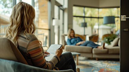 Therapist conducting a counseling session with a client in a modern and cozy office space