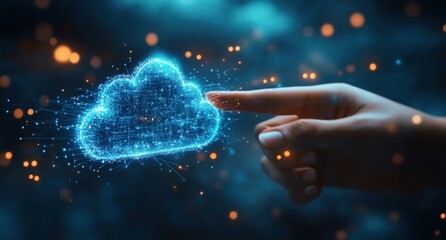A hand reaching towards a glowing digital cloud symbol at night