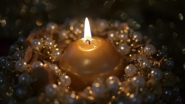 Candela natalizia colore oro accesa e posata al centro di una ghirlanda di perle e petali finti