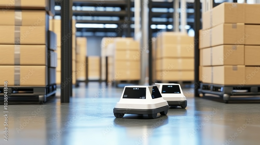 Poster automated robots navigating through a large warehouse filled with stacked boxes, showcasing modern l