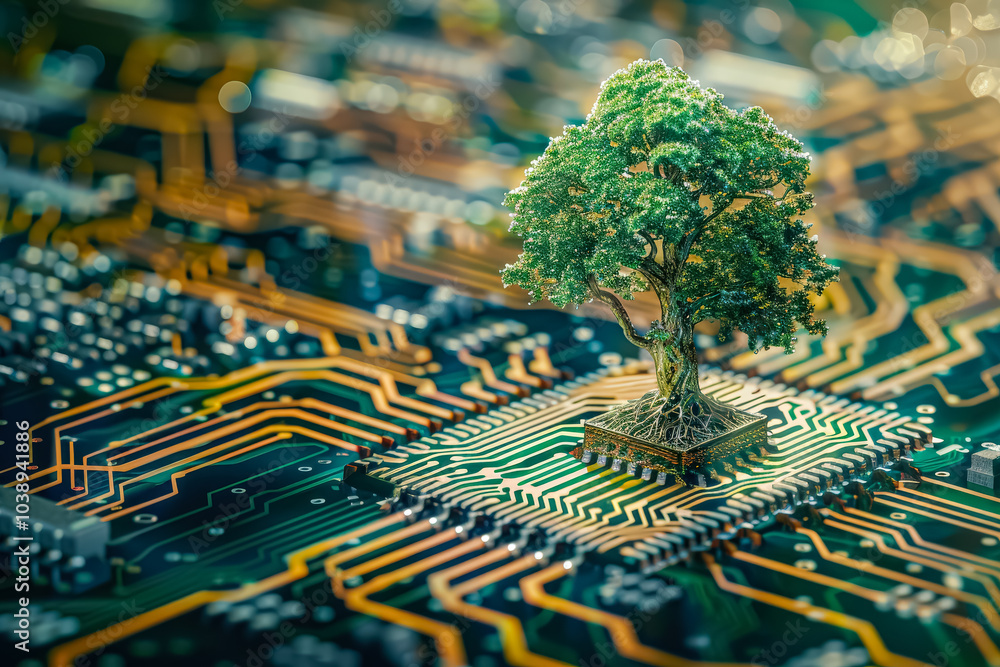 Poster tree is growing on top of a computer chip. concept of innovation and the potential for technology to