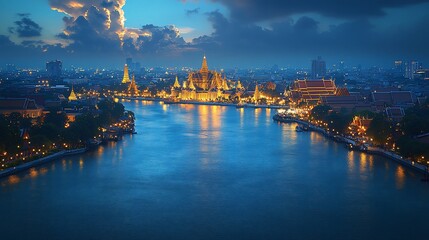 A panoramic view of the Wat Arun Ratchawararam Ratchawaramahawihan Buddhist temple illuminated at night, situated on the west bank of the Chao Phraya River in Bangkok, Thailand.