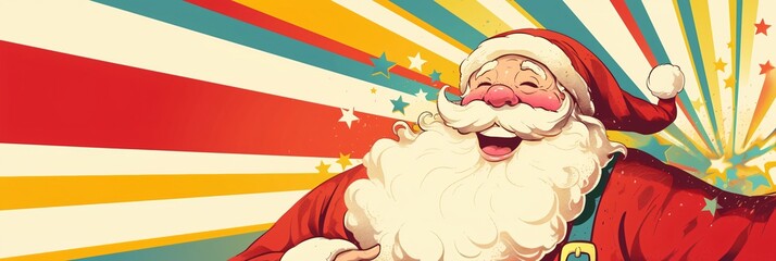 Laughing Santa Claus with colorful background. Vintage illustration design. Retro pop art. Christmas and New Year celebration concept. Classic American holiday. Greeting card, poster, invitation