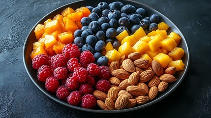 A black plate with a variety of fruits and nuts, full of blueberries, raspberries, almonds, and mango. Mixed fruits and nuts, brain-stimulating snack, healthy, natural energy boost, solid background.