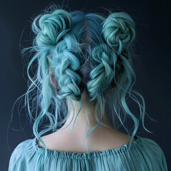 Naklejka premium Back View of Woman with Pastel Blue Hair Styled in Braided Double Buns with Loose Strands