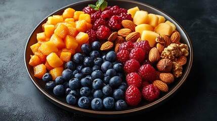 A black plate with a variety of fruits and nuts, full of blueberries, raspberries, almonds, and mango. Mixed fruits and nuts, brain-stimulating snack, healthy, natural energy boost, solid background.