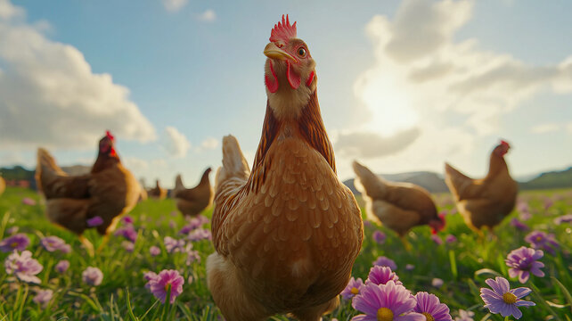 Kura na kwiecistej łące. Kura na wolnym wybiegu