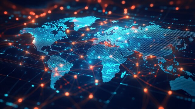 Digital World Map with Interconnected Red Lines and Blue Dots