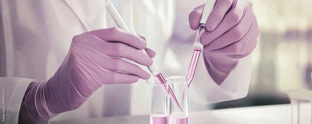 Aufkleber close-up of a scientist's hands in gloves using pipettes to handle a pink liquid in a laboratory set