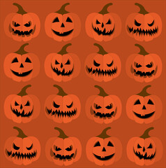 Halloween background from pumpkins glowing face on black and orange background. Kind of funny and scary pumpkin face with eyes and mouth. Design for holiday poster, invitations and greeting cards.