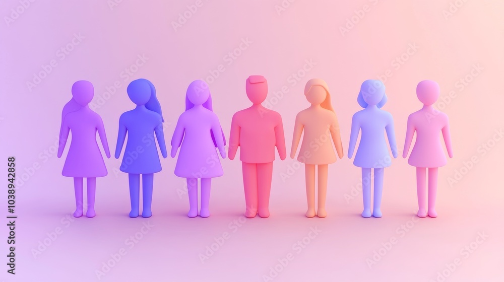 Poster colorful abstract figures standing together in a harmonious line, symbolizing unity and diversity in