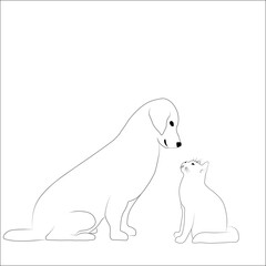 Illustration of a cat and dog looking at each other. Cute dog and cat looking at each other, petting online hand drawn vector objects. Cute pets in one line. Vector illustration.