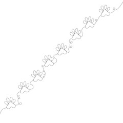dog tracks on white background continuous line, vector illustration. continuous line drawing of dog paw prints.abstract one line drawing of dog paw prints.