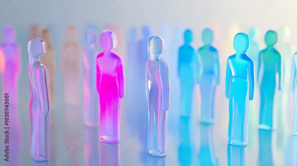 Poster colorful figures representing diversity and unity, showcasing modern design in an abstract setting.