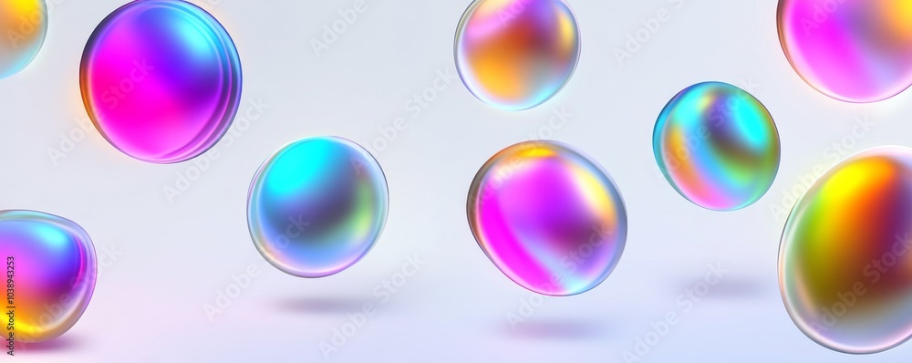 Poster colorful, iridescent bubbles floating in a soft background, creating a whimsical and vibrant atmosph