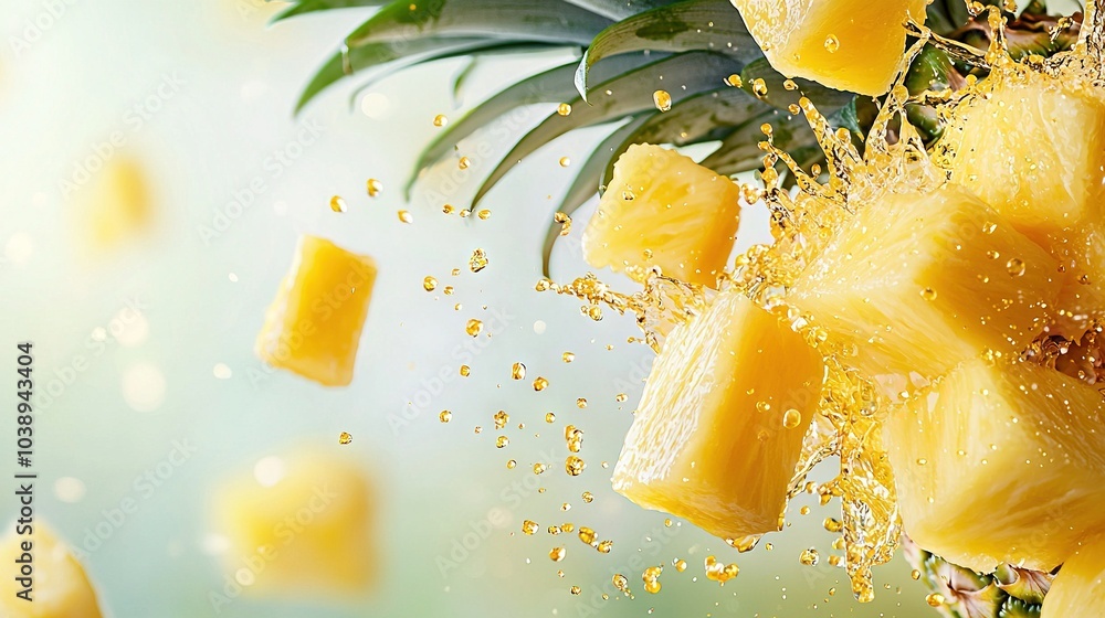 Poster a group of pineapples in mid-air with one prominently displayed in front and another in the back