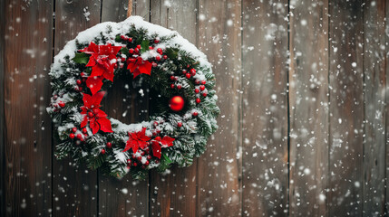 A Christmas wreath hanging on a rustic wooden door covered in snow, Christmas, copy space