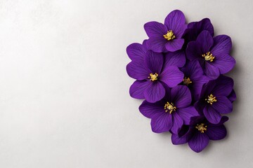 Aubrieta flowers simplified into clean geometric shapes, with bold purple petals on a soft gray background