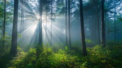 A misty morning in a forest with sunlight breaking through the fog, Natural, modern style