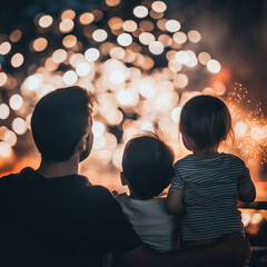 a family watching fireworks bokeh style background 