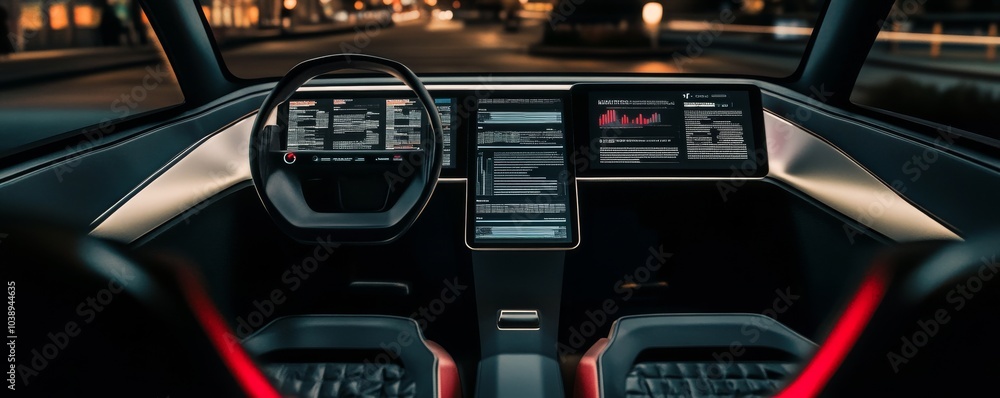 Poster futuristic car interior with advanced technology, featuring sleek controls and multiple digital disp
