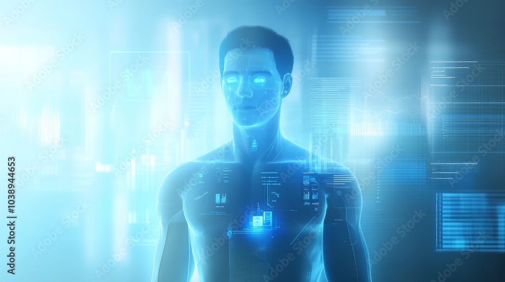 Poster futuristic concept of a humanoid figure with digital elements and glowing interfaces, representing t