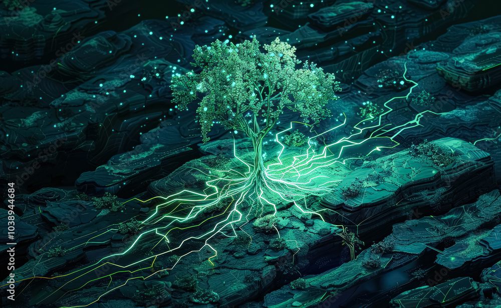 Poster tree with green leaves and roots is growing on a rocky surface. the image has a futuristic and other