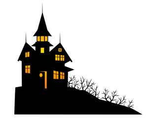 Scary mansion on a hill overgrown with bushes, Halloween illustration - vector image.